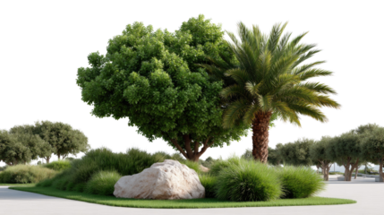 Lush Landscape Display: A beautifully orchestrated garden scene, complete with a mix of varied foliage and a majestic Palm, exudes tranquility and aesthetic beauty.