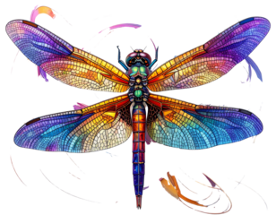 Flying Ornamental Dragonfly with Abstract Swirling Wings, Dynamic Composition, Isolated