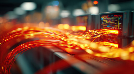 fiber optic cables glowing as configuration script runs on monitor in background cyber maintenance concept illustration concept scene visual for commercial design use high detail quality stock image