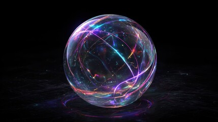 A Luminous Glass Orb Containing Swirling Ribbons of Neon Plasma Energy.