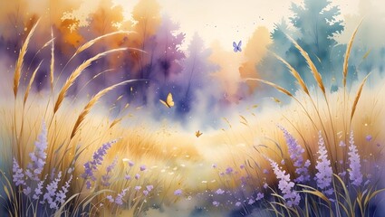 Fototapeta premium Serene Fall Meadow Landscape with Warm Forest Colors and Airy Texture