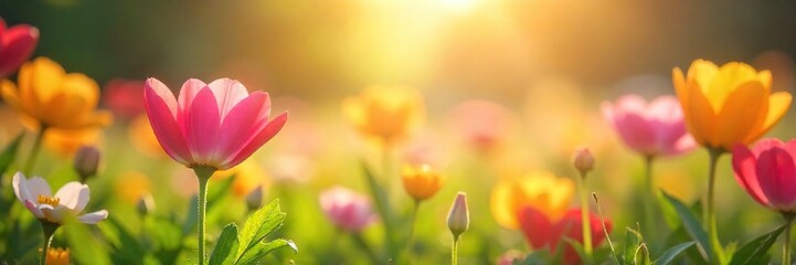 Fototapeta premium Close-up of a vibrant flower meadow bathed in sunlight, conveying a sense of delicate, cheerful beauty and carefree joy Perfect for themes of spring, optimism, and gentle happiness , idyllic, joy