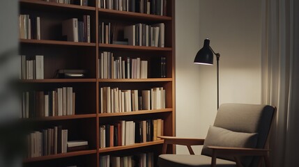 Modern minimalist wooden bookshelf filled with neatly arranged books of various sizes placed against a white wall with soft lighting creating a calm organized study atmosphere