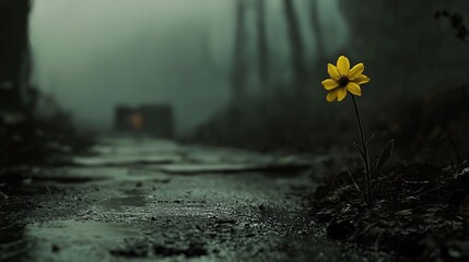 Lone yellow flower on misty path