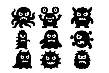 Collection of nine cartoon monsters silhouettes