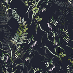 Seamless pattern. Watercolor colorful wildflower floral flower forest meadow clipart white green herbs red yellow leaves. Wedding, background, fashion, textile. Fern, shamroock, chamomile, poppy, ivy. © Veris Studio