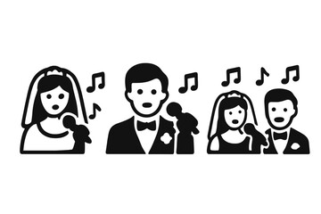 Wedding performance icons, solid filled vector set of bridal vocal performances, bride singing, groom singing, duet singers, romantic wedding music concept, elegant celebration entertainment