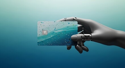 Robot holding futuristic credit card with ocean waves design