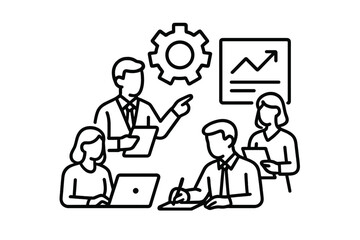 Team meeting with presentation and gear icon