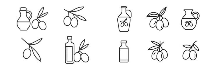 Olive oil bottles and branches with olives icons