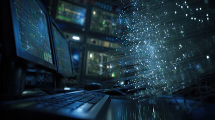 fiber optic cables glowing as configuration script runs on monitor in background cyber maintenance concept illustration concept scene visual for commercial design use high detail quality stock image