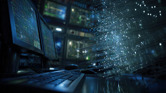 fiber optic cables glowing as configuration script runs on monitor in background cyber maintenance concept illustration concept scene visual for commercial design use high detail quality stock image