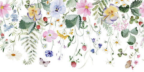 Seamless border. Watercolor colorful wildflower floral flower forest meadow clipart green herbs leaves. Wedding invitation, fashion, background, textile. Fern, shamroock, chamomile, ivy, strawberry. © Veris Studio