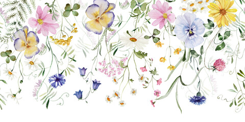 Seamless border. Watercolor colorful wildflower floral flower forest meadow clipart green herbs leaves. Wedding invitation, fashion, background, textile. Fern, shamroock, chamomile, ivy, strawberry. © Veris Studio