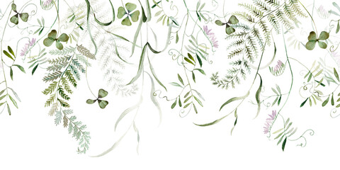 Seamless border. Watercolor wildflower floral forest meadow set - green herbs leaves flower. Wedding invitation, wallpaper, fashion, background, textile. Fern, shamroock, chamomile, ivy. © Veris Studio