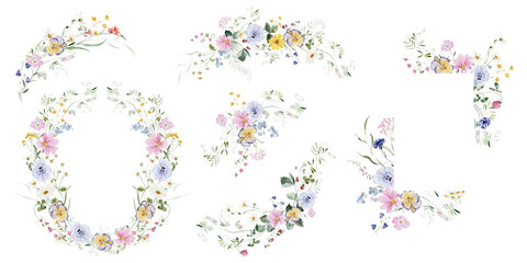 Clipart Set. Watercolor colorful wildflower floral bouquet frame wreath - flower forest meadow green red herbs leaves. Wedding invitation, fashion, textile. Fern, clover, chamomile, ivy, strawberry.