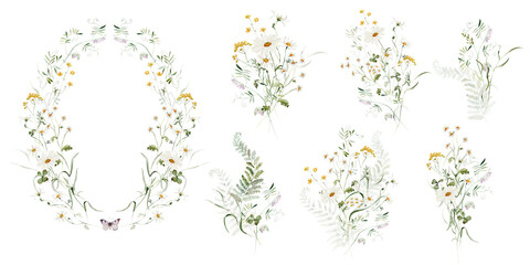 Clipart Set. Watercolor colorful wildflower floral bouquet frame wreath - flower forest meadow green red herbs leaves. Wedding invitation, fashion, textile. Fern, clover, chamomile, ivy, strawberry. © Veris Studio