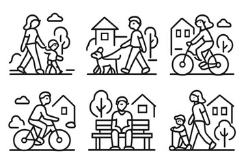 People enjoying outdoor activities in a neighborhood