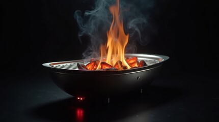 Fiery grill with glowing coals and smoke fire cooking