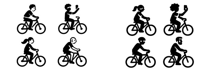 Diverse people riding bicycles in a simple line art style