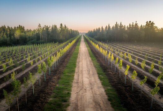AI generated nature recovery path through young afforestation area