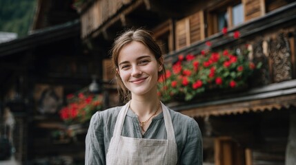 Obraz premium Portrait of Smiling Swiss Woman Wearing Dirndl in Charming Mountain Village