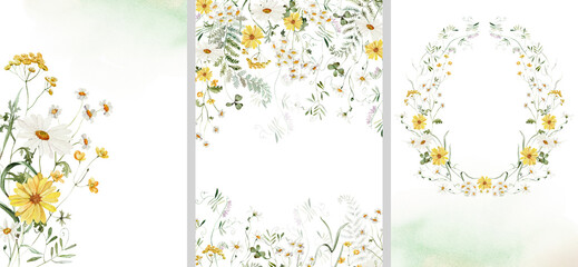 Clipart Set. Watercolor colorful wildflower floral bouquet frame wreath - flower forest meadow green red herbs leaves. Wedding invitation, fashion, textile. Fern, clover, chamomile, ivy, strawberry.