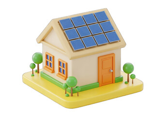 3D House with Solar Panels on Roof, Tree, Cartoon Style, Clean Energy, Transparent