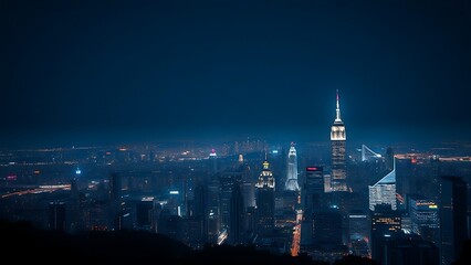 Fototapeta premium A breathtaking urban skyline illuminated by city lights under a gradient night sky.