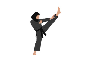 Powerful Woman in Hijab Executes a High Kick in Martial Arts.