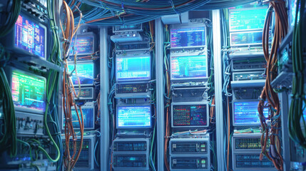 fiber optic cables glowing as configuration script runs on monitor in background cyber maintenance concept illustration concept scene visual for commercial design use high detail quality stock image