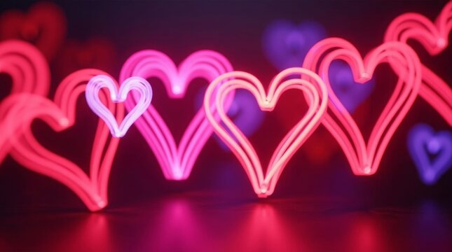 Glowing neon hearts abstract light pink