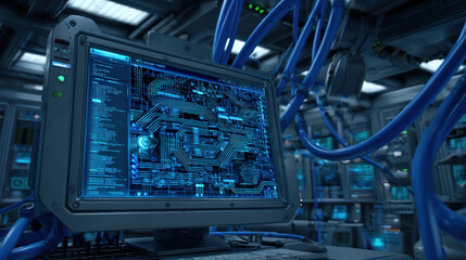 fiber optic cables glowing as configuration script runs on monitor in background cyber maintenance concept illustration concept scene visual for commercial design use high detail quality stock image