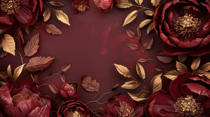 3D Beautiful spring burgundy gold flower on decorative background as wallpaper illustration with copy space, Elegant Burgundy Gold Flower Frame	