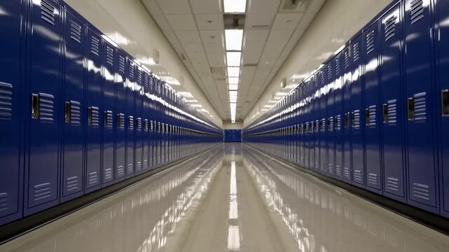 commonplace, anonymous educational institution corridor in North American country featuring vivid azure metal storage compartments on both walls.