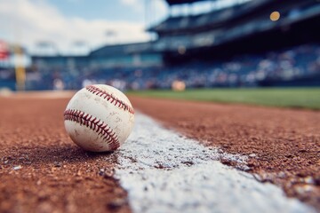 Baseball on a field, stadium in the background