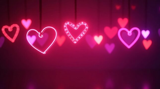Neon hearts glowing pink and purple bokeh