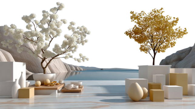 Serene Oasis: A minimalist composition featuring two stylized trees set against the backdrop of a serene coastal landscape, adorned with geometric forms, evoking a sense of harmony and tranquility.