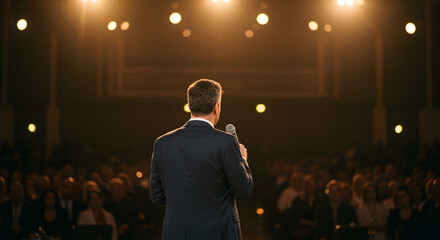 Motivational speaker addressing a large audience during corporate event with confident public speaking and dynamic