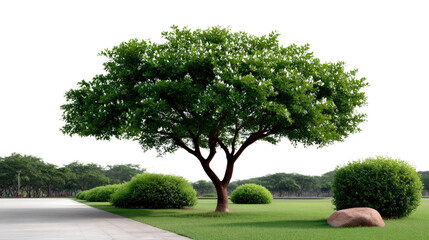 Obraz premium Lush Green Tree in the Garden: A vibrant and expansive tree thrives in a well-maintained garden, its verdant canopy reaching towards the sky, accompanied by neatly trimmed bushes and a winding path. 