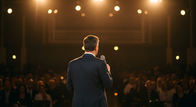 Motivational speaker addressing a large audience during corporate event with confident public speaking and dynamic