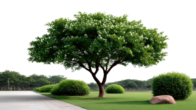 Lush Green Tree in the Garden: A vibrant and expansive tree thrives in a well-maintained garden, its verdant canopy reaching towards the sky, accompanied by neatly trimmed bushes and a winding path. 