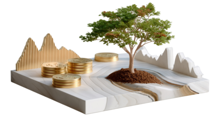 Growing wealth tree: A metaphorical illustration of financial growth and prosperity, showcasing a verdant tree flourishing amidst stacks of golden coins and a miniature mountain landscape.