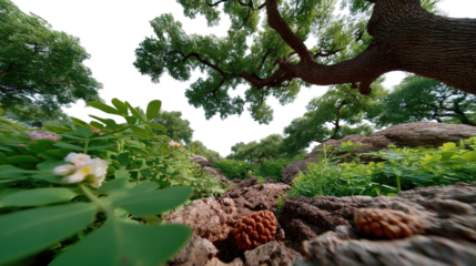 Vivid Nature: An enchanting low-angle captures a lush trail surrounded by vibrant green flora, inviting the viewer to step into this immersive natural experience.