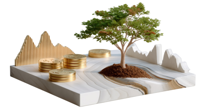 Growing wealth tree: A metaphorical illustration of financial growth and prosperity, showcasing a verdant tree flourishing amidst stacks of golden coins and a miniature mountain landscape.