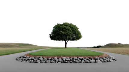 Lonely Green Tree in the Middle of Nowhere: A solitary green tree thrives in a lush, well-maintained grassy patch surrounded by a quiet asphalt road.