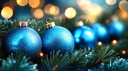 Bright blue ornaments on a Christmas tree create a festive atmosphere during the holiday season