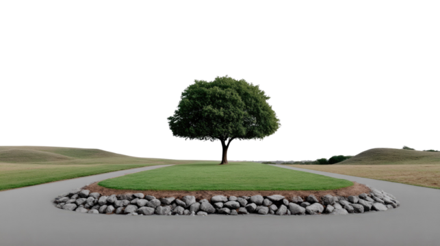 Lonely Green Tree in the Middle of Nowhere: A solitary green tree thrives in a lush, well-maintained grassy patch surrounded by a quiet asphalt road.