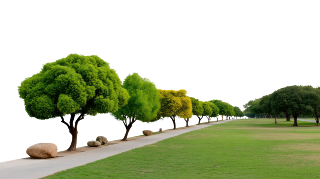 Pathway to Serenity: An inviting path is lined with vibrant trees and rocks, inviting a leisurely stroll and connection with nature. The scene exudes tranquility and beauty.