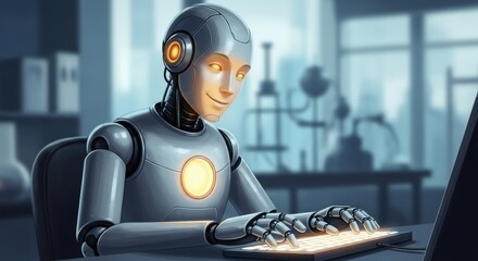 Advanced artificial intelligence android typing in a modern office.